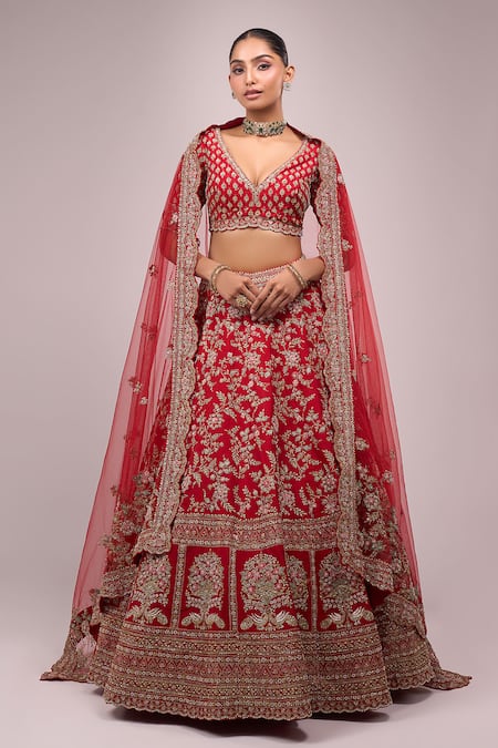 Azeera_Red Chiffon Tassels, Embroidery Round Neck Lehenga Set _at_Aza_Fashions
