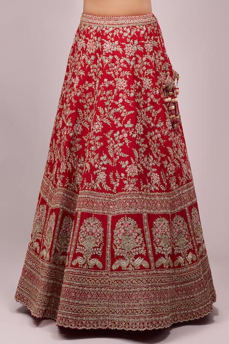 Buy_Azeera_Red Chiffon Tassels, Embroidery Round Neck Lehenga Set 