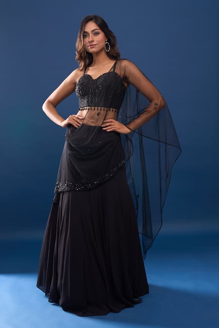 Samyukta Singhania Black Georgette, Net Sequins, Embroidery Sweetheart Neck Lehenga Set at Aza Fashions Samyukta Singhania_Black Georgette, Net Sequins, Embroidery Sweetheart Neck Lehenga Set _at_Aza_Fashions