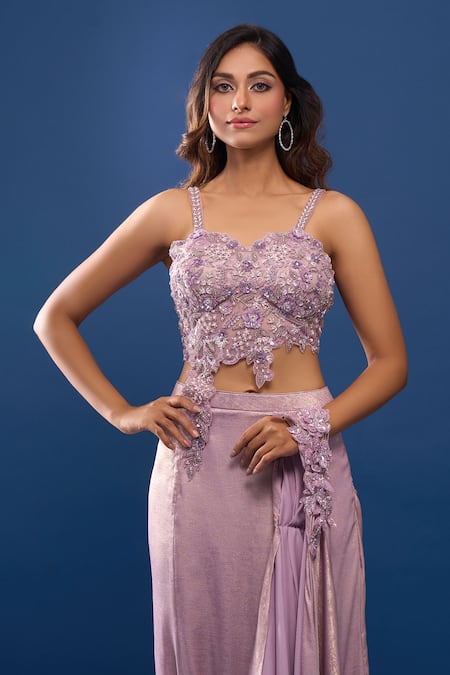 Samyukta Singhania_Mauve Lycra Embroidery, Sequins One Shoulder Pink Pre-draped Saree With Blouse _Online_at_Aza_Fashions