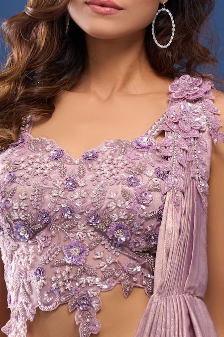 Samyukta Singhania_Mauve Lycra Embroidery, Sequins One Shoulder Pink Pre-draped Saree With Blouse _at_Aza_Fashions
