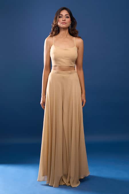 Samyukta Singhania_Gold Georgette Sequins, Embroidery Round Neck Jacket And Flared Skirt Set _Online_at_Aza_Fashions