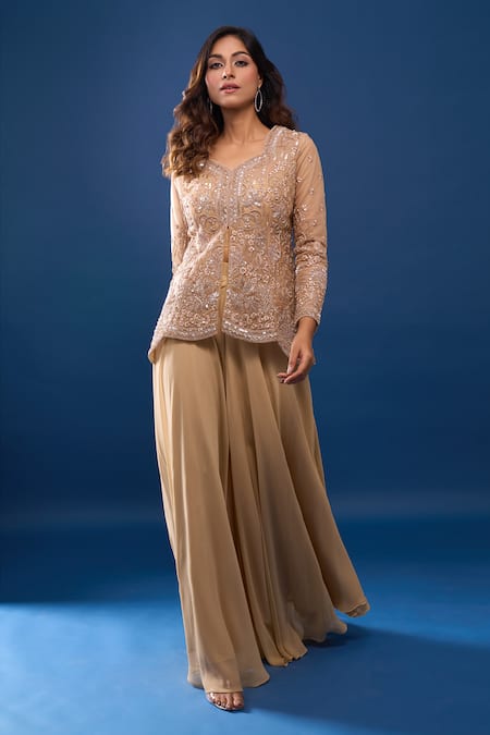 Shop_Samyukta Singhania_Gold Georgette Sequins, Embroidery Round Neck Jacket And Flared Skirt Set _Online_at_Aza_Fashions