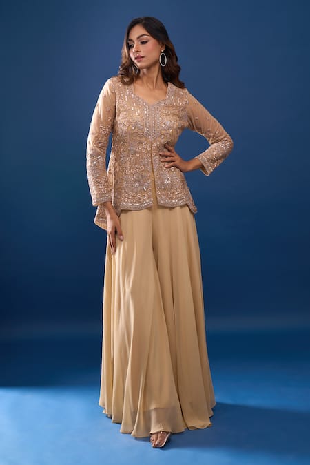 Samyukta Singhania Embroidered Gold Jacket & Flared Skirt Set