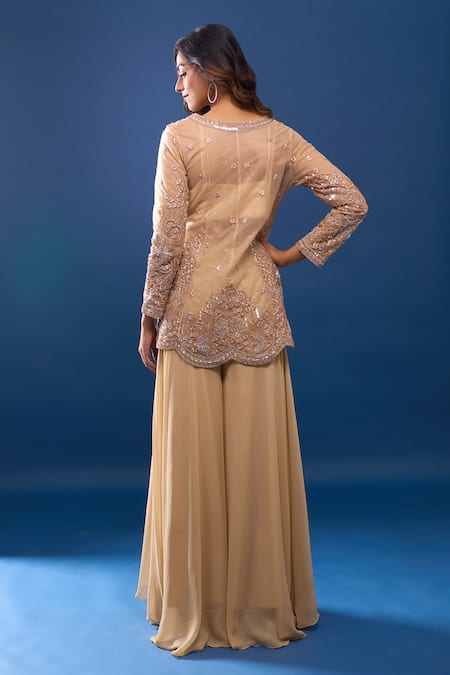 Samyukta Singhania Embroidered Gold Jacket & Flared Skirt Set