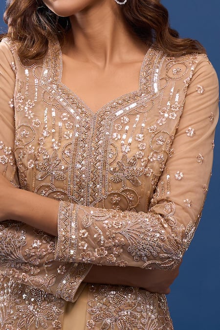 Samyukta Singhania_Gold Georgette Sequins, Embroidery Round Neck Jacket And Flared Skirt Set _at_Aza_Fashions