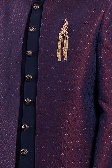 Arihant Rai Sinha_Wine Jacquard, Silk Brooches, Tassels Navy Blue Dupion Sherwani Set _Online_at_Aza_Fashions