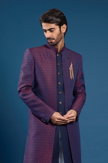 Shop_Arihant Rai Sinha_Wine Jacquard, Silk Brooches, Tassels Navy Blue Dupion Sherwani Set _Online_at_Aza_Fashions