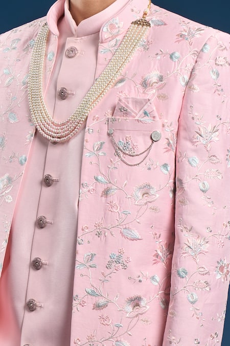 Buy_Arihant Rai Sinha_Pink Jacquard, Silk Embroidery Self Weaving Sherwani Set _Online_at_Aza_Fashions