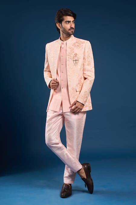 Buy_Arihant Rai Sinha_Peach Jacquard, Silk Embroidery Self Weaving Sherwani Set _Online_at_Aza_Fashions