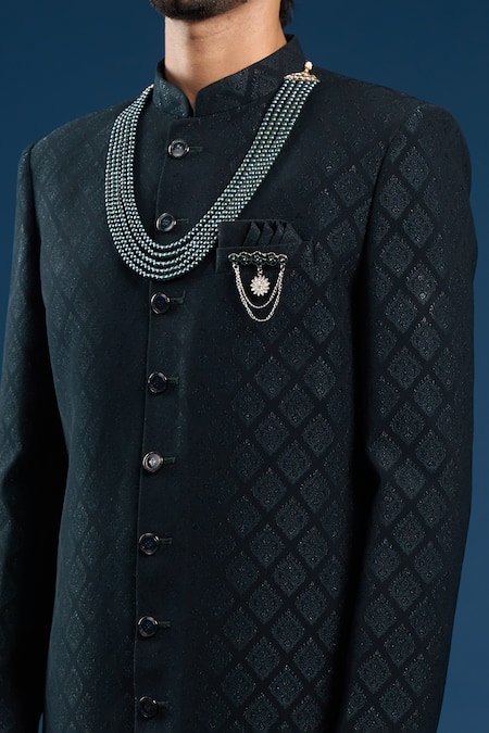 Buy_Arihant Rai Sinha_Green Silk, Cotton Bottle Self Weaving Sherwani Set _Online_at_Aza_Fashions