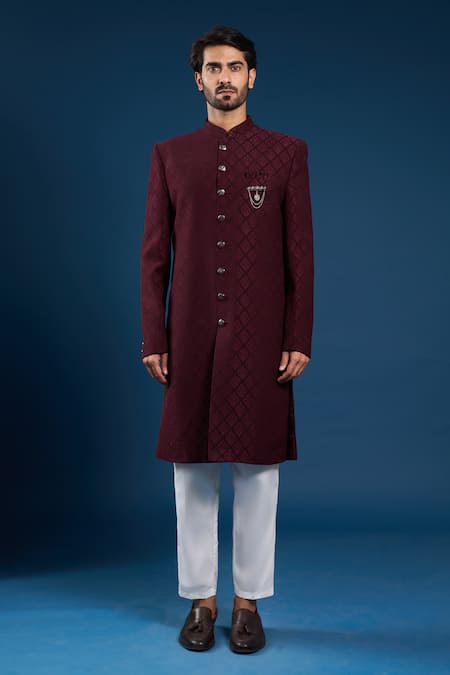 Arihant Rai Sinha_Maroon Silk, Cotton Embroidery Self Weaving Sherwani And Pant Set _Online_at_Aza_Fashions