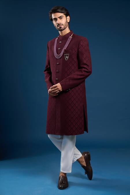 Buy_Arihant Rai Sinha_Maroon Silk, Cotton Embroidery Self Weaving Sherwani And Pant Set _Online_at_Aza_Fashions