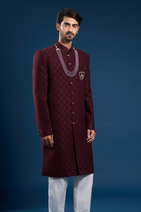 Arihant Rai Sinha_Maroon Silk, Cotton Embroidery Self Weaving Sherwani And Pant Set _at_Aza_Fashions