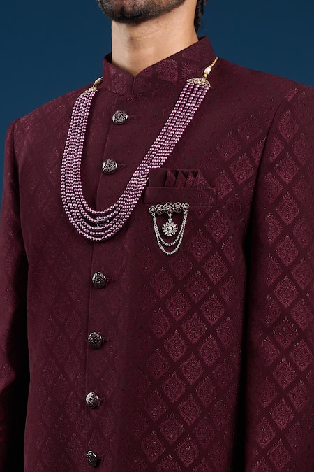 Buy_Arihant Rai Sinha_Maroon Silk, Cotton Embroidery Self Weaving Sherwani And Pant Set 