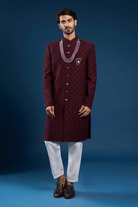 Arihant Rai Sinha Maroon Silk, Cotton Embroidery Self Weaving Sherwani And Pant Set 