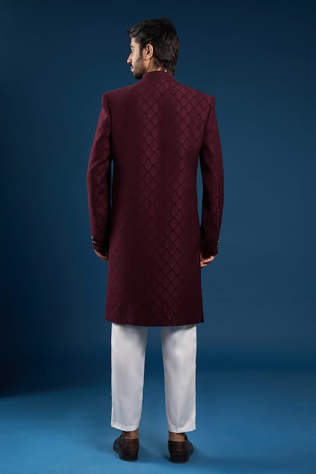 Arihant Rai Sinha Maroon Self Weaving Sherwani & Pant Set 