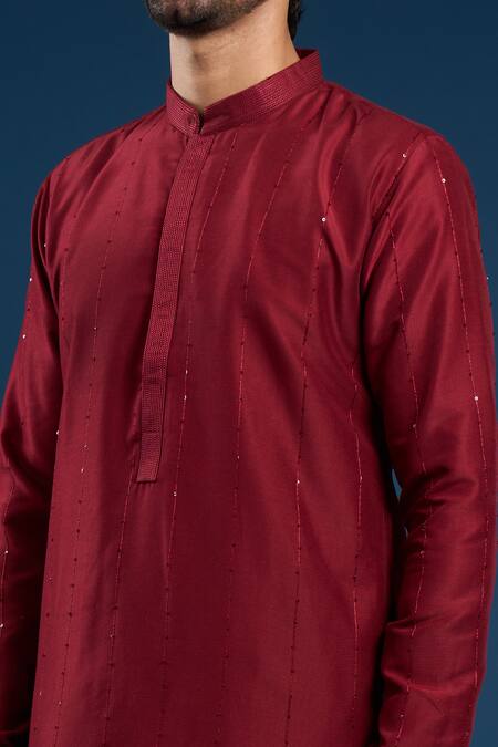 Arihant Rai Sinha_Maroon Cotton, Silk Kurta Set _at_Aza_Fashions
