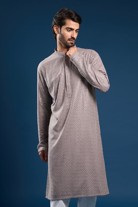 Shop Arihant Rai Sinha Gray Georgette, Cotton Sequins, Light Grey Thread Work Kurta And Pant Set Online at Aza Fashions Shop_Arihant Rai Sinha_Gray Georgette, Cotton Sequins, Light Grey Thread Work Kurta And Pant Set _Online_at_Aza_Fashions