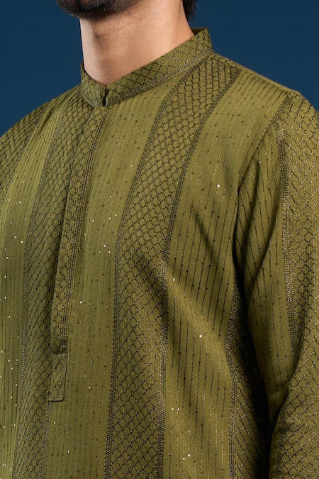 Arihant Rai Sinha Olive Green Georgette, Cotton Sequins Thread Work Kurta Set Online at Aza Fashions Arihant Rai Sinha_Olive Green Georgette, Cotton Sequins Thread Work Kurta Set _Online_at_Aza_Fashions