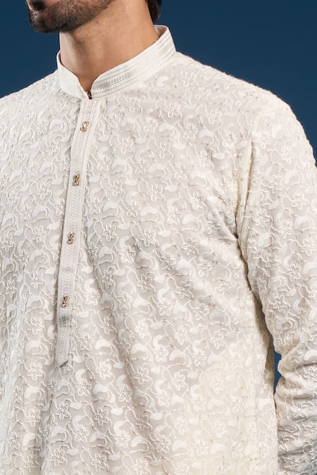 Arihant Rai Sinha_Beige Georgette, Cotton Embroidery, Sequins Thread Work Kurta Set _Online_at_Aza_Fashions