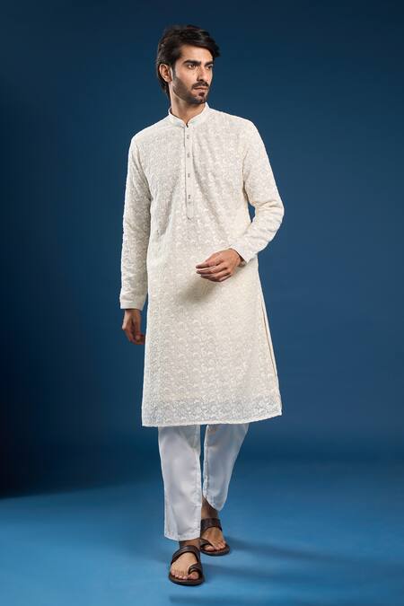 Buy_Arihant Rai Sinha_Beige Georgette, Cotton Embroidery, Sequins Thread Work Kurta Set _Online_at_Aza_Fashions