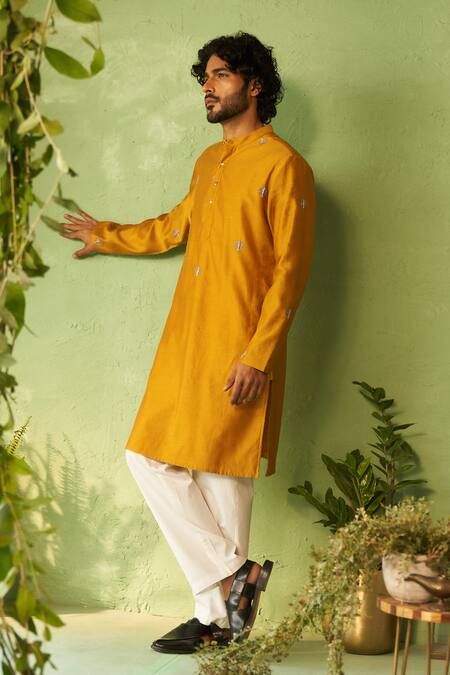 Charkhee_Mustard Chanderi, Voile, Poplin Embroidery Yellow Kurta Set _Online_at_Aza_Fashions