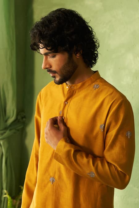 Buy_Charkhee_Mustard Chanderi, Voile, Poplin Embroidery Yellow Kurta Set _Online_at_Aza_Fashions