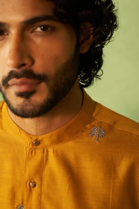 Shop_Charkhee_Mustard Chanderi, Voile, Poplin Embroidery Yellow Kurta Set _Online_at_Aza_Fashions