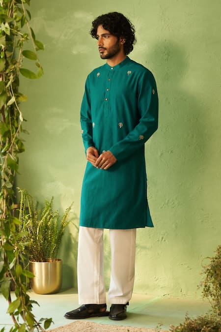 Shop Charkhee Green Chanderi, Voile, Poplin Embroidery Peacock Designer Kurta And Pant Set Online at Aza Fashions Shop_Charkhee_Green Chanderi, Voile, Poplin Embroidery Peacock Designer Kurta And Pant Set _Online_at_Aza_Fashions