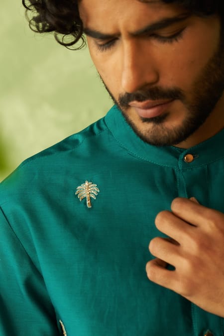 Charkhee Green Chanderi, Voile, Poplin Embroidery Peacock Designer Kurta And Pant Set at Aza Fashions Charkhee_Green Chanderi, Voile, Poplin Embroidery Peacock Designer Kurta And Pant Set _at_Aza_Fashions