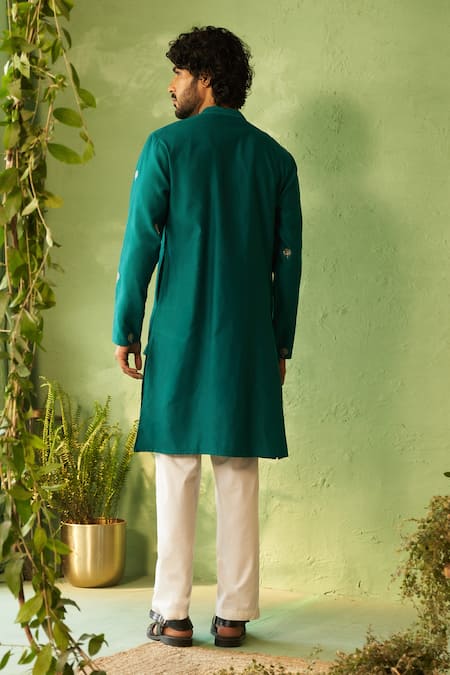 Shop Charkhee Green Chanderi, Voile, Poplin Embroidery Peacock Designer Kurta And Pant Set at Aza Fashions Shop_Charkhee_Green Chanderi, Voile, Poplin Embroidery Peacock Designer Kurta And Pant Set _at_Aza_Fashions