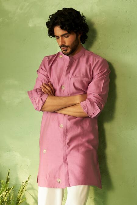 Buy_Charkhee_Purple Chanderi, Voile, Poplin Embroidery Kurta And Pant Set _Online_at_Aza_Fashions