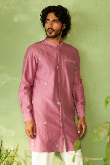 Shop_Charkhee_Purple Chanderi, Voile, Poplin Embroidery Kurta And Pant Set _Online_at_Aza_Fashions