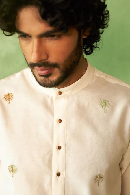 Charkhee_Off White Chanderi, Voile, Poplin Embroidery Kurta Set _Online_at_Aza_Fashions