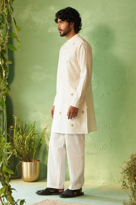 Buy_Charkhee_Off White Chanderi, Voile, Poplin Embroidery Kurta Set _Online_at_Aza_Fashions