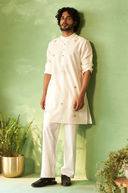 Shop_Charkhee_Off White Chanderi, Voile, Poplin Embroidery Kurta Set _Online_at_Aza_Fashions