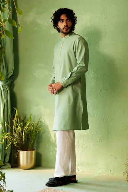 Buy_Charkhee_Green Chanderi, Voile, Poplin Embroidery Tea Kurta And Pant Set _Online_at_Aza_Fashions