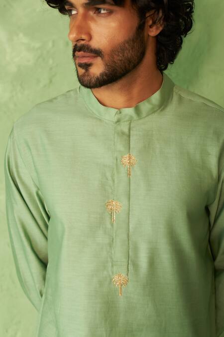 Shop_Charkhee_Green Chanderi, Voile, Poplin Embroidery Tea Kurta And Pant Set _Online_at_Aza_Fashions