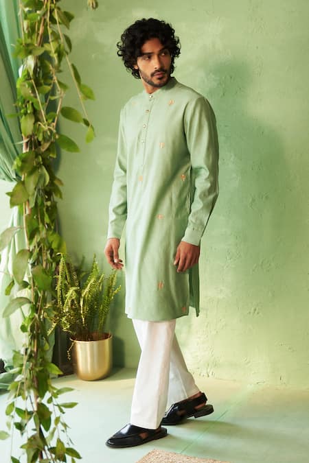 Charkhee_Teal Chanderi, Voile, Poplin Embroidery Green Kurta And Pant Set _Online_at_Aza_Fashions
