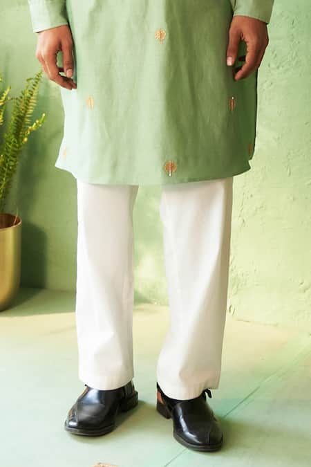 Buy_Charkhee_Teal Chanderi, Voile, Poplin Embroidery Green Kurta And Pant Set _Online_at_Aza_Fashions