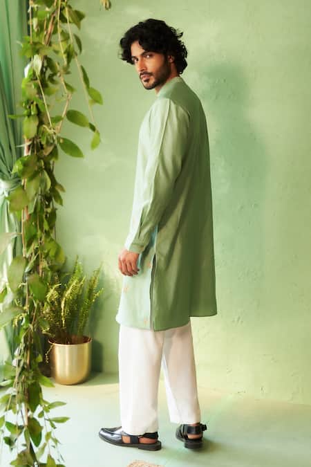 Shop_Charkhee_Teal Chanderi, Voile, Poplin Embroidery Green Kurta And Pant Set _Online_at_Aza_Fashions