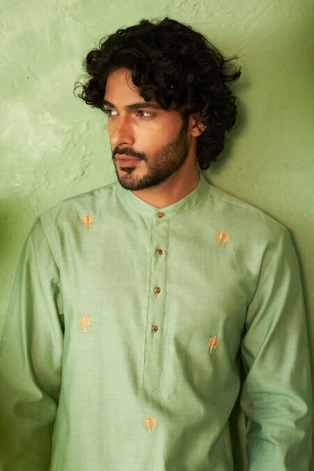 Charkhee_Teal Chanderi, Voile, Poplin Embroidery Green Kurta And Pant Set _at_Aza_Fashions