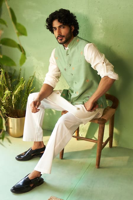 Charkhee_Green Chanderi, Voile, Poplin Embroidery Bundi Kurta Set _Online_at_Aza_Fashions