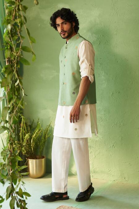 Buy_Charkhee_Green Chanderi, Voile, Poplin Embroidery Bundi Kurta Set _Online_at_Aza_Fashions