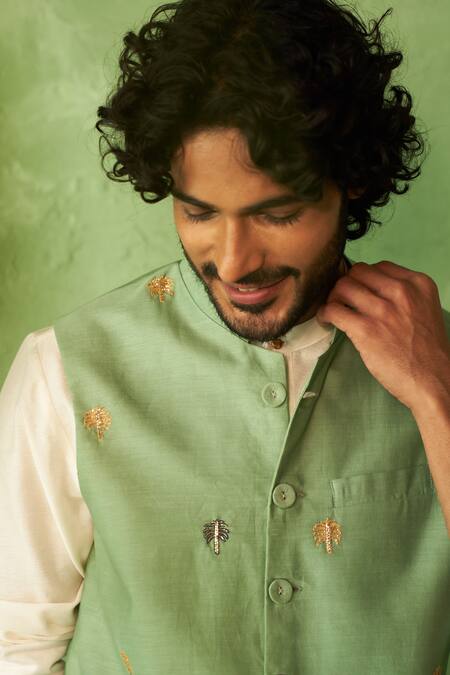 Shop_Charkhee_Green Chanderi, Voile, Poplin Embroidery Bundi Kurta Set _Online_at_Aza_Fashions