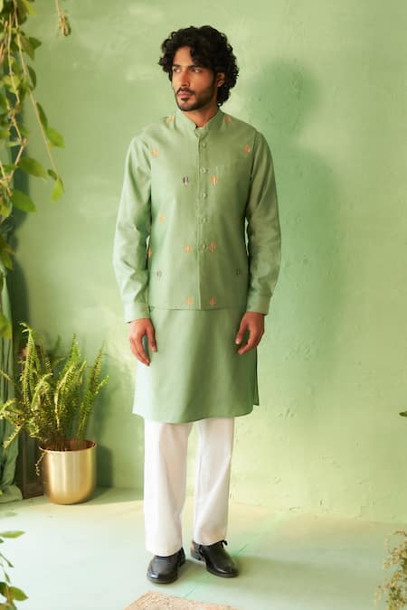 Charkhee Green Chanderi, Voile, Poplin Embroidery Tea Kurta Set 
