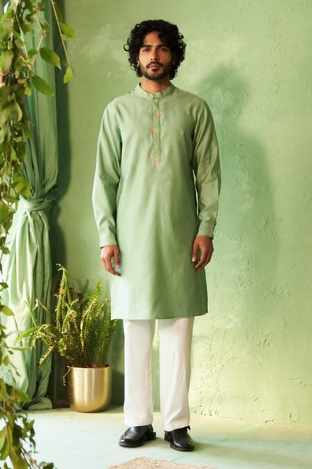 Charkhee_Green Chanderi, Voile, Poplin Embroidery Tea Kurta Set _Online_at_Aza_Fashions