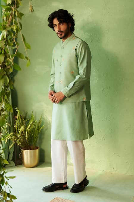 Buy_Charkhee_Green Chanderi, Voile, Poplin Embroidery Tea Kurta Set _Online_at_Aza_Fashions