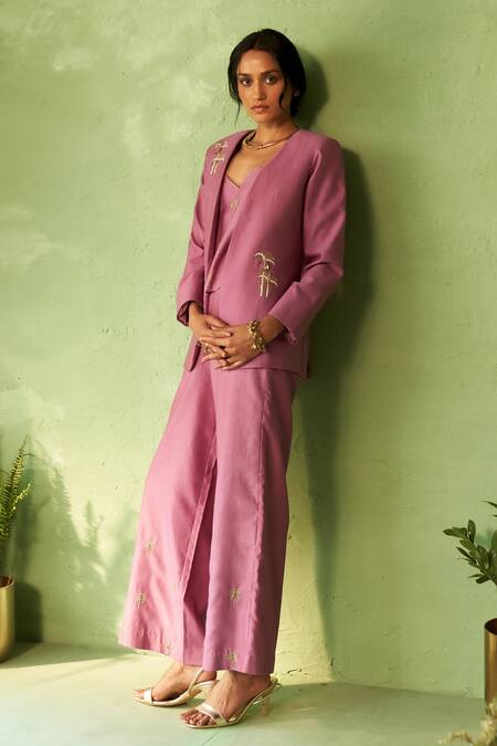 Buy_Charkhee_Purple Chanderi, Voile Embroidery V-neck Set _Online_at_Aza_Fashions